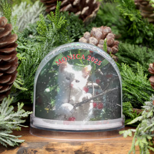 Two Family Pet Photos with Curved Text Snow Globe