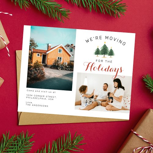 Two Family Photo Christmas Tree Were Moving Announcement Postcard