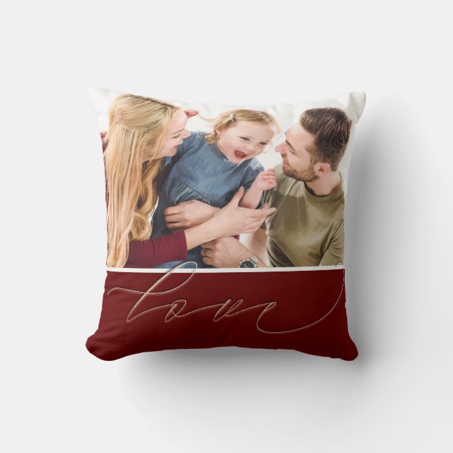 Two Family Photo Love Script Typography Burgundy Throw Pillow (Front)
