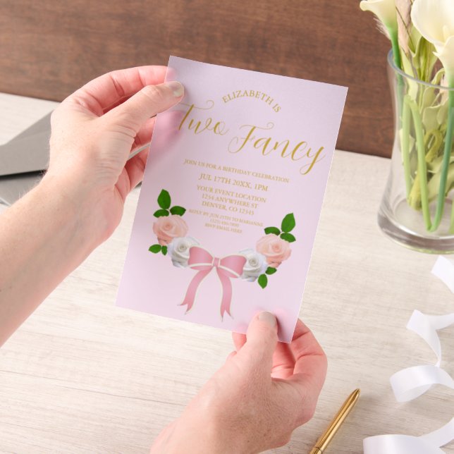 Two Fancy Bow Floral Birthday Vellum Invitations (Handheld)