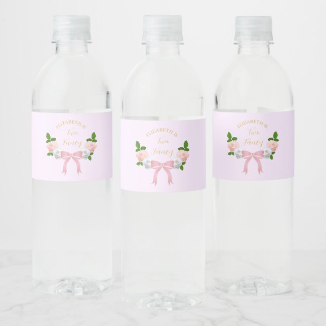 Two Fancy Bow Floral Birthday Water Bottle Label (Bottles)
