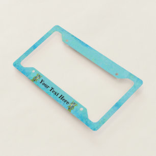 Two Fantasy Aqua Blue Dragon Type Seahorses Green License Plate Frame
