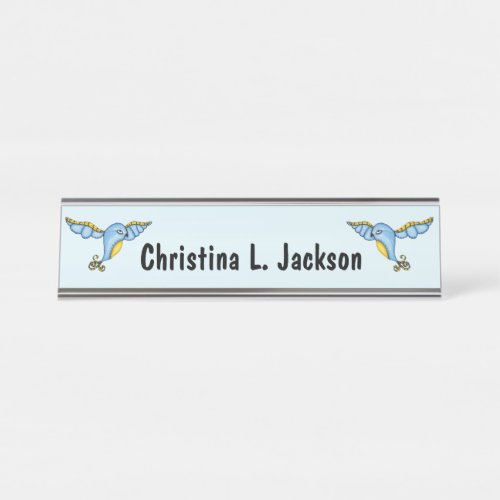 Two Fantasy Flying Bluebirds Yellow Scrolled Tails Desk Name Plate