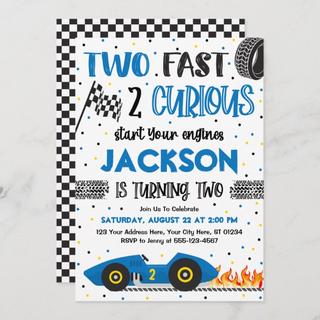 Two Fast 2 Curious Birthday Invitation, Boy Racing Invitation (Front/Back)