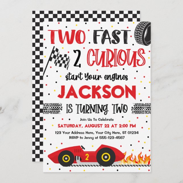 Two Fast 2 Curious Birthday Invitation, Boy Racing Invitation (Front/Back)