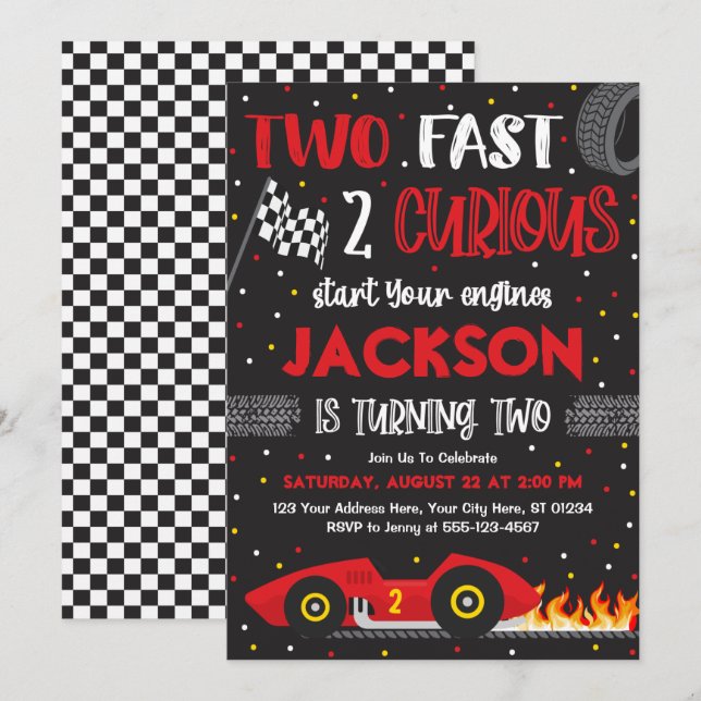 Two Fast 2 Curious Birthday Invitation, Boy Racing Invitation (Front/Back)