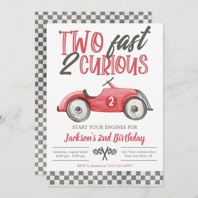 Two Fast 2 Curious Birthday Invitation, Boy Racing Invitation (Front/Back)