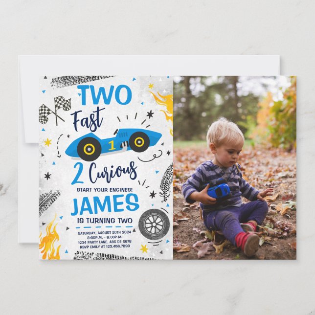 Two Fast 2 Curious Blue 2nd Birthday Photo Invitation (Front)