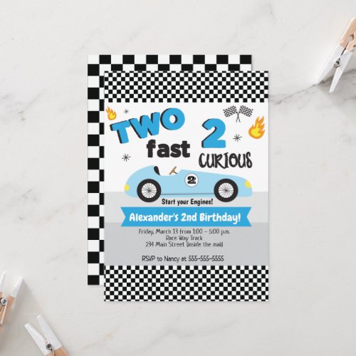 Two Fast 2 Curious Blue Racecar Boy Birthday Invitation