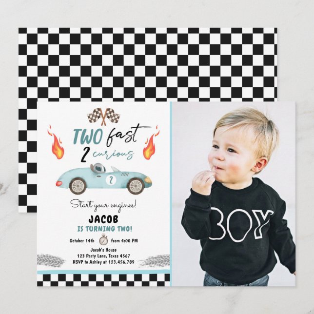 Two Fast 2 Curious Party Race Car 2nd Birthday Inv Invitation (Front/Back)
