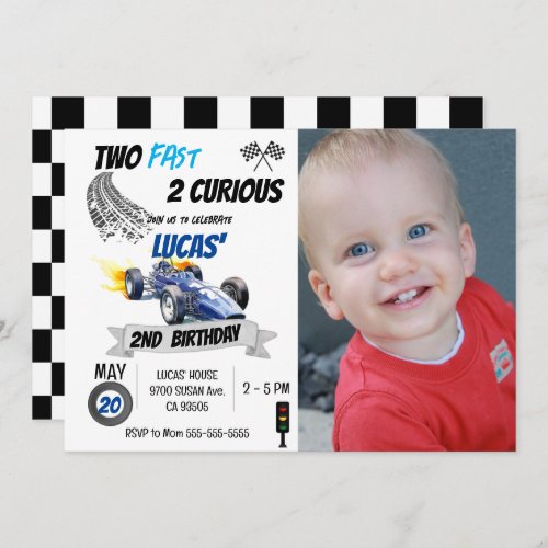 Two Fast 2 Curious Photo Race Car 2nd Birthday  Invitation