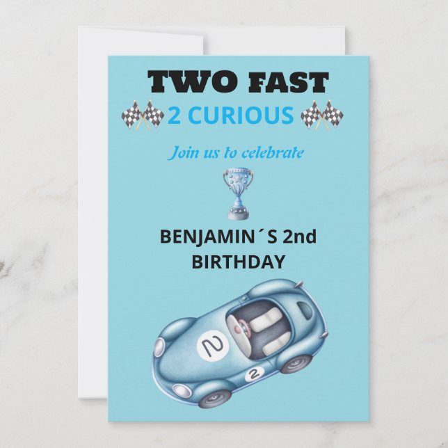 Two Fast 2 Curious Race Car 2nd Birthday Invite (Front)