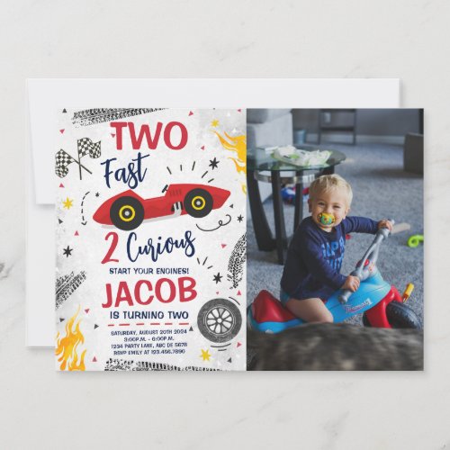 Two Fast 2 Curious Red 2nd Birthday Photo Invitation