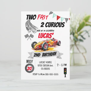 Two Fast 2 Curious Red Race Car 2nd Birthday Boy Invitation