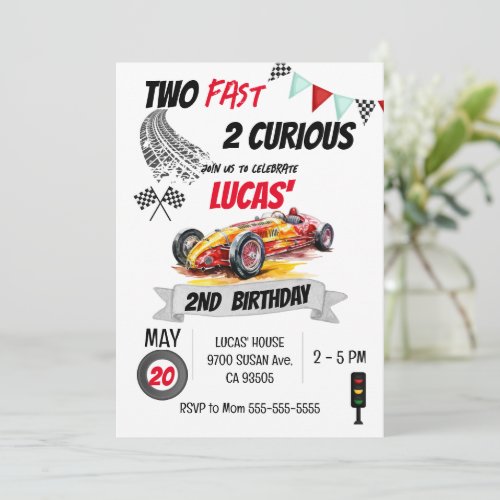 Two Fast 2 Curious Red Race Car 2nd Birthday Boy  Invitation