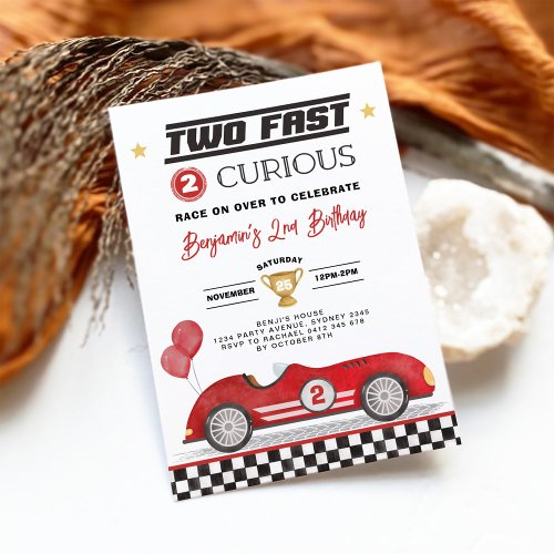 Two Fast 2 Curious Red Vintage Car Boy Birthday Invitation