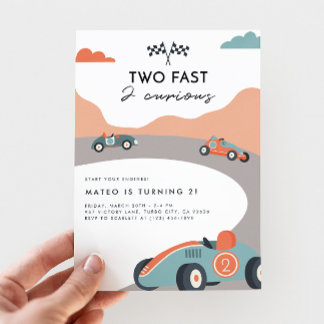 Two Fast 2 Curious Retro Race Car 2nd Birthday Invitation