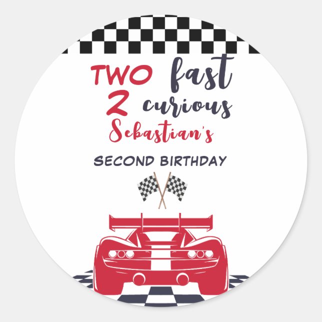 Two fast 2 curious second kids birthday classic round sticker (Front)