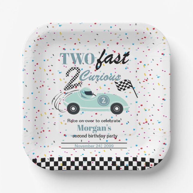 Two Fast 2Curious Blue Sports Car Second Birthday  Paper Plates (Front)