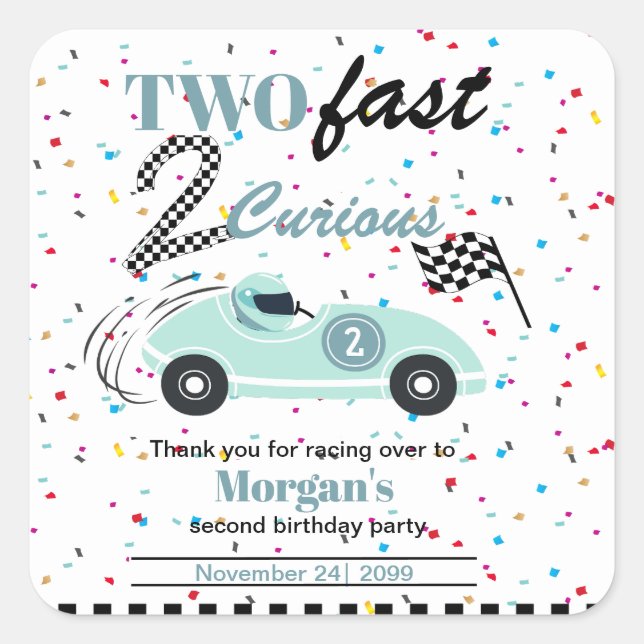 Two Fast 2Curious Blue Sports Car Second Birthday  Square Sticker (Front)
