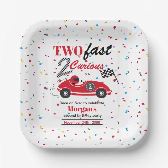Two Fast 2Curious Red Sports Car Second Birthday  Paper Plates (Front)