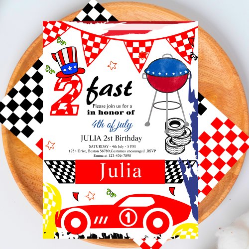 Two Fast 2nd 4TH July Birthday Party red Race Car  Invitation