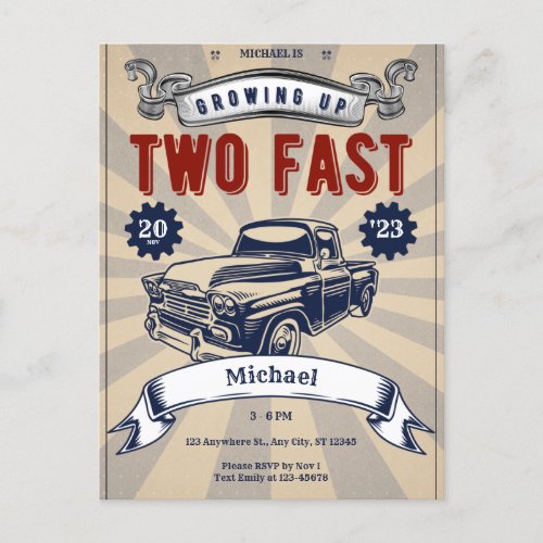 Two Fast 2nd Birthday Boy Car Cheap Invitation Postcard