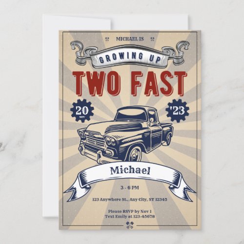 Two Fast 2nd Birthday Boy Car Vintage Race Invitation