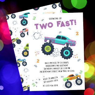 Two Fast 2nd Birthday Colorful Monster Trucks Invitation