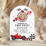 Two Fast 2nd Birthday Kids Cute Red Racing Car Invitation<br><div class="desc">Two Fast 2nd Birthday Kids Cute Red Racing Car Invitation features a cute red racing car with the text "Growing Up Two Fast!" in modern black typography script accented a red racing car, helmet, checkered flags, balloons, confetti and the number 2. Add your favorite photo in the frame. Perfect for...</div>