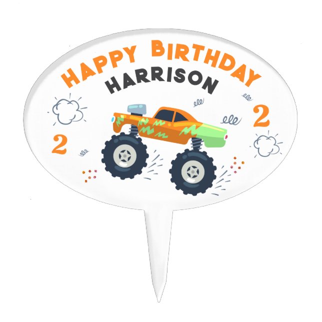 Two Fast 2nd Birthday Kids Monster Car Trucks Cake Topper (Front)