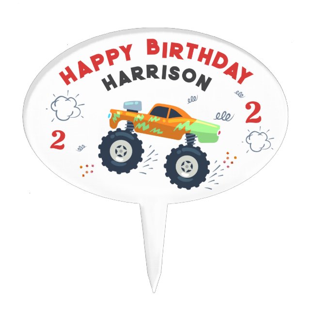 Two Fast 2nd Birthday Kids Monster Car Trucks Cake Topper (Front)