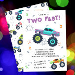 Two Fast 2nd Birthday Kids Monster Car Trucks Invitation<br><div class="desc">Two Fast 2nd Birthday Kids Monster Car Trucks Invitation features cute and colorful monster car trucks with the text "Two Fast" in modern purple typography script accented with the number 2 and doodles. Perfect for kids second birthday party celebrations. Send in the mail or simply download the shareable downloadable digital...</div>