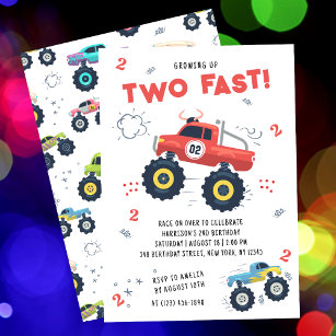 Two Fast 2nd Birthday Kids Monster Car Trucks Invitation