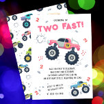 Two Fast 2nd Birthday Kids Monster Car Trucks Invitation<br><div class="desc">Two Fast 2nd Birthday Kids Monster Car Trucks Invitation features cute and colorful monster car trucks with the text "Two Fast" in modern pink typography script accented with the number 2 and doodles. Perfect for kids second birthday party celebrations. Send in the mail or simply download the shareable downloadable digital...</div>