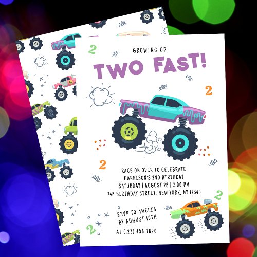 Two Fast 2nd Birthday Kids Monster Car Trucks Invitation