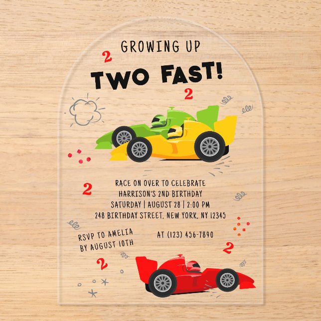 Two Fast 2nd Birthday Kids Racing Cars Acrylic Invitations (Front)