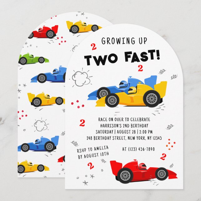 Two Fast 2nd Birthday Kids Racing Cars Invitation (Front/Back)