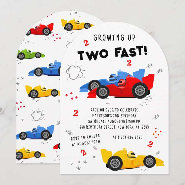 Two Fast 2nd Birthday Kids Racing Cars Invitation (Front/Back)