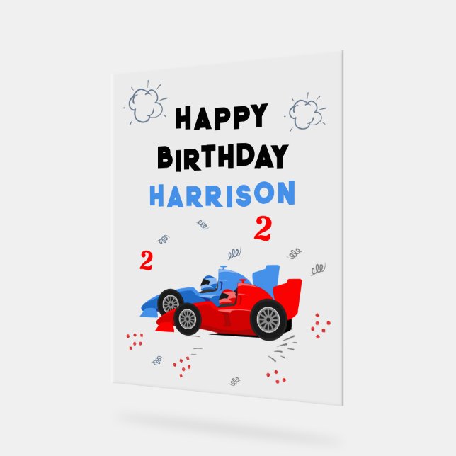 Two Fast 2nd Birthday Kids Racing Cars Name Acrylic Sign (Angle)
