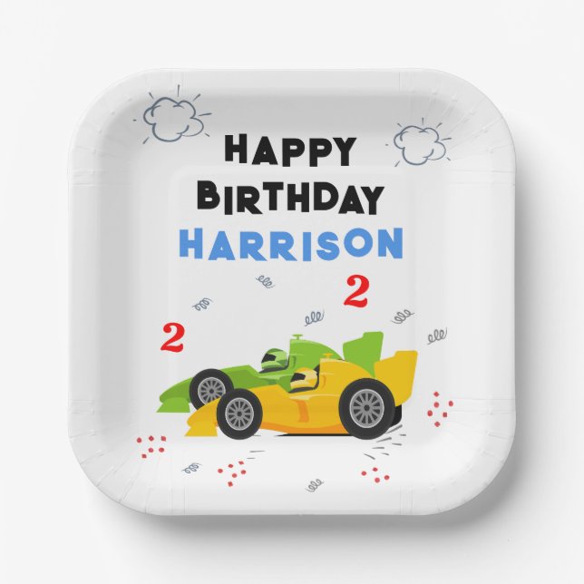 Two Fast 2nd Birthday Kids Racing Cars Name Paper Plates (Front)