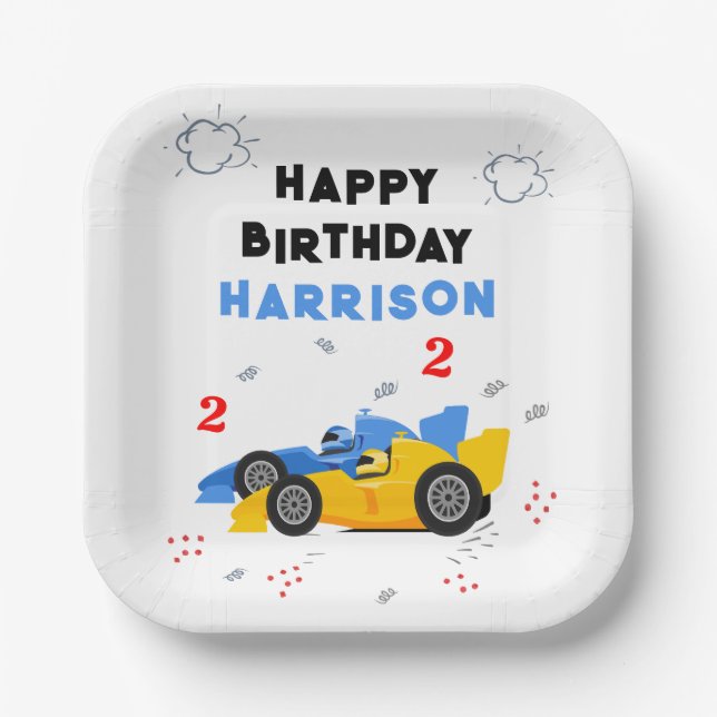 Two Fast 2nd Birthday Kids Racing Cars Name Paper Plates (Front)