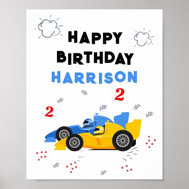Two Fast 2nd Birthday Kids Racing Cars Name Poster (Front)