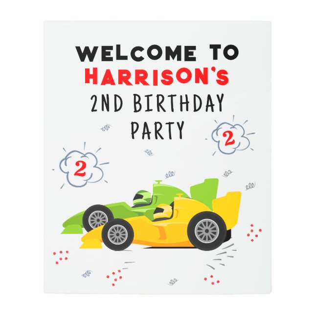Two Fast 2nd Birthday Kids Racing Cars Welcome Metal Print (Front)