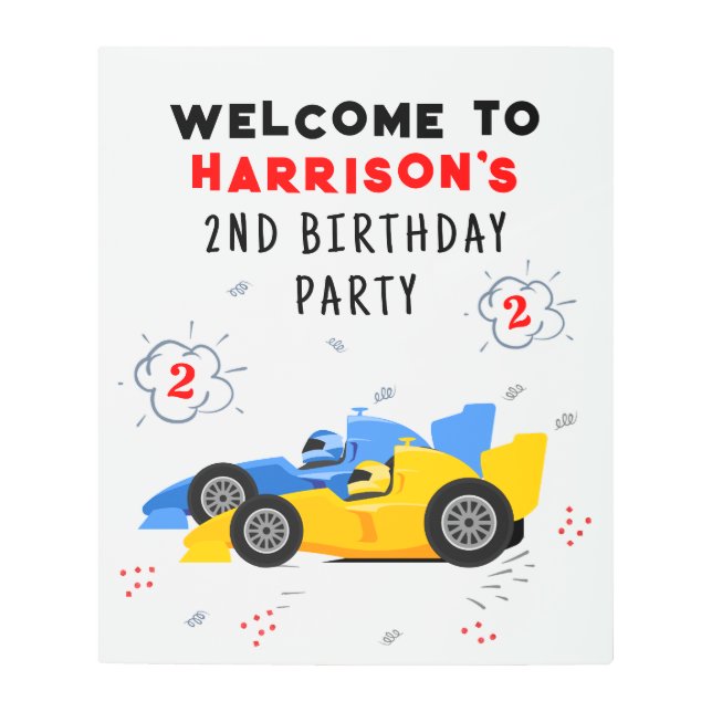 Two Fast 2nd Birthday Kids Racing Cars Welcome Metal Print (Front)