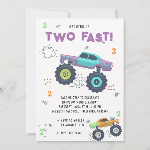 Two Fast 2nd Birthday Monster Trucks Invitation
