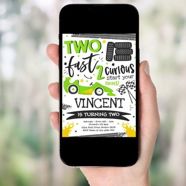 Two Fast 2nd Birthday Party Green Race Car Party Invitation (Front Digital)