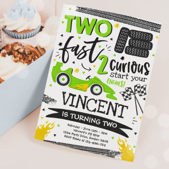 Two Fast 2nd Birthday Party Green Race Car Party Invitation by PixelPerfectionParty at Zazzle
