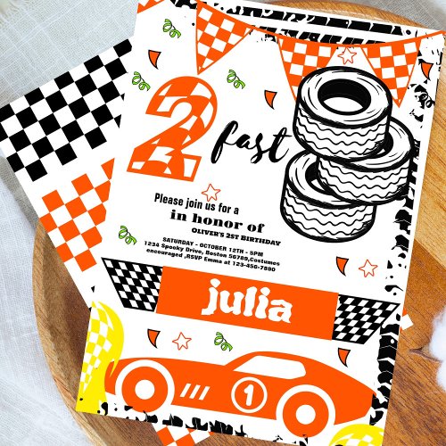 Two Fast 2nd  Birthday Party orange Race Car Party Invitation