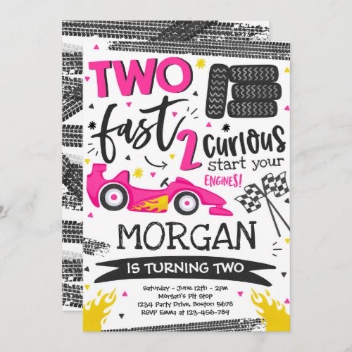 Two Fast 2nd Birthday Party Pink Race Car Party Invitation